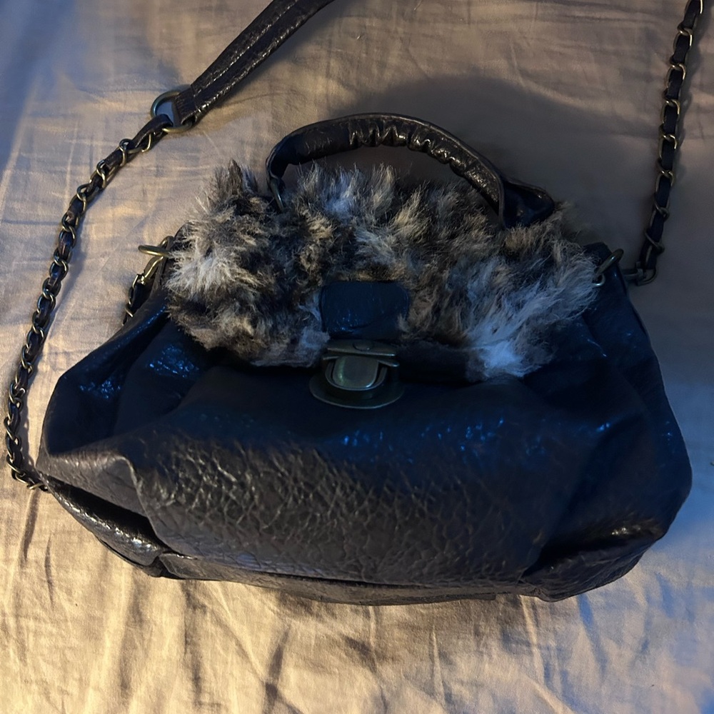 Faux-Fur Accent Black Leather Crossbody Bag